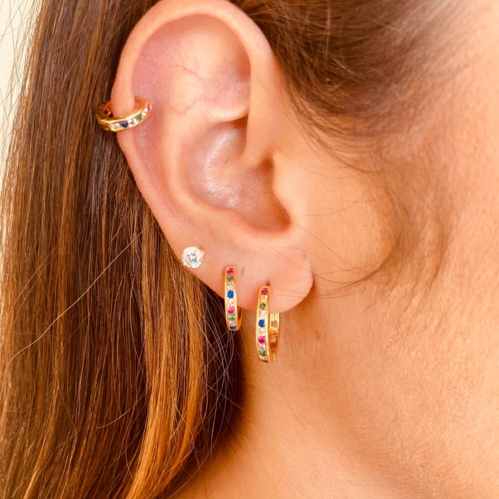 Trio de argola cravejada com zircônia colorida folheada a ouro 18k