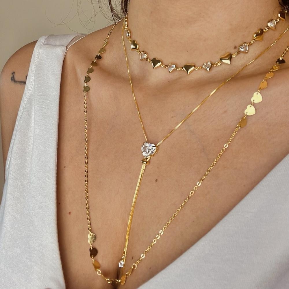 Mix de colar coração com zircônia banhado a ouro 18k 