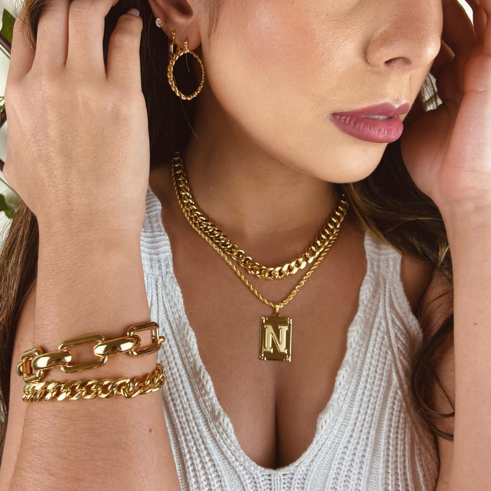 Pulseira Bia de elos diamantados banhada a ouro 18k
