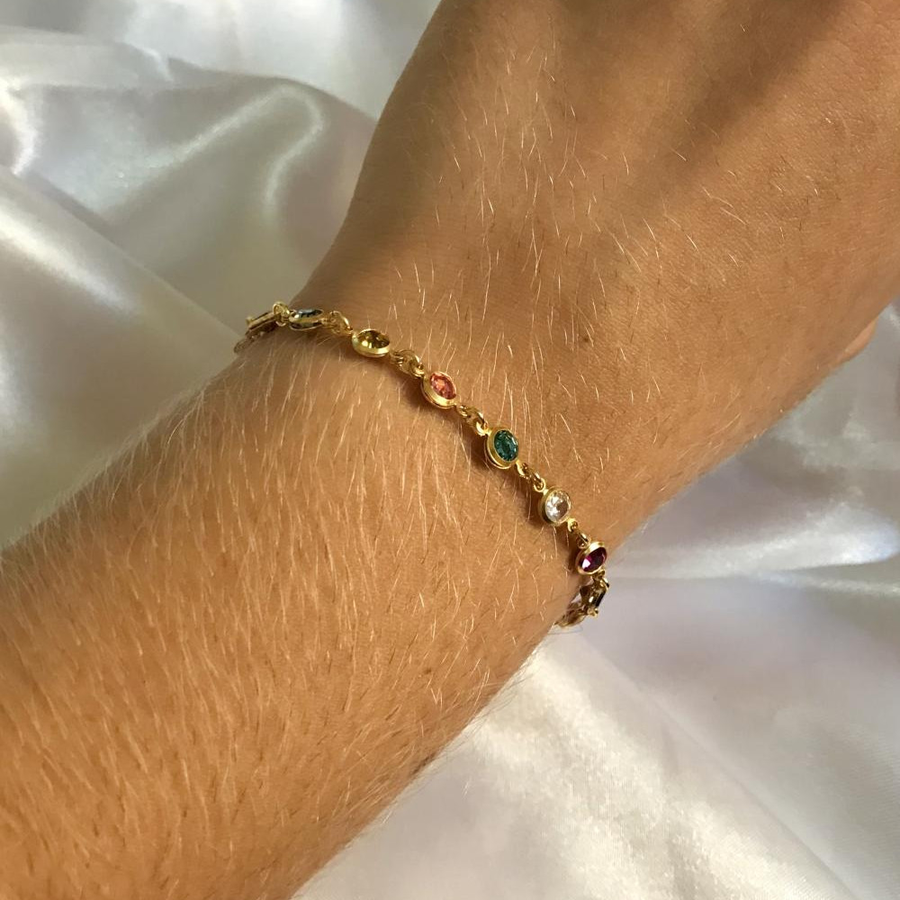 Pulseira com strass ponto de luz colorida banhada a ouro 18k