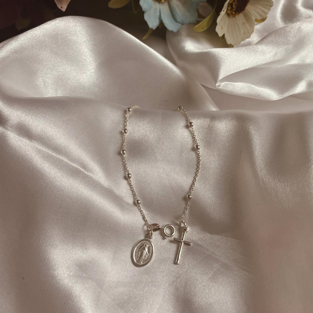 Pulseira com pingente de terço e micro bola de prata 925 