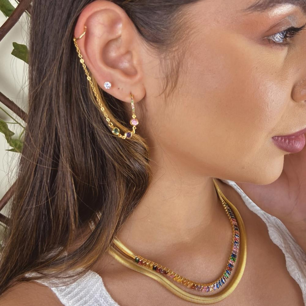 Brinco com zircônia earcuff e piercing fake banhado a ouro 18k