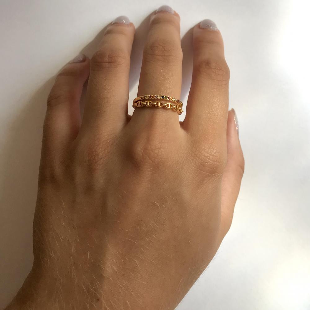 Anel duplo com elos e zircônia colorida banhado a ouro 18k