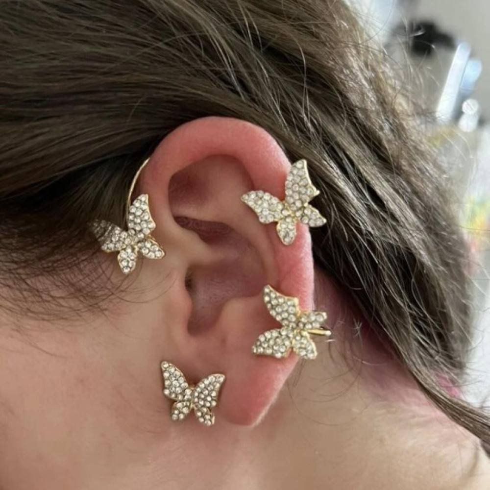  Brinco earcuff de borboleta cravejado banhado a ouro 18k
