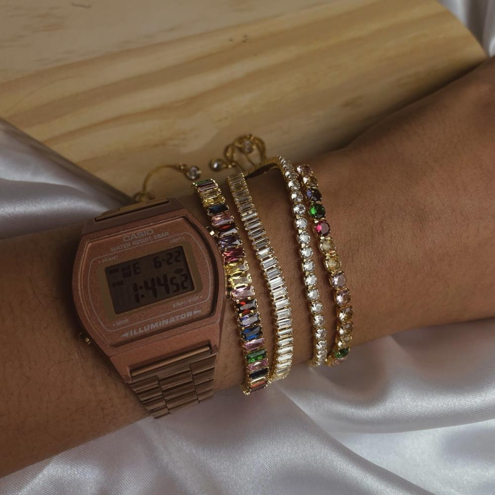 Pulseira regulável riviera carre cristal banhada a ouro 18k 