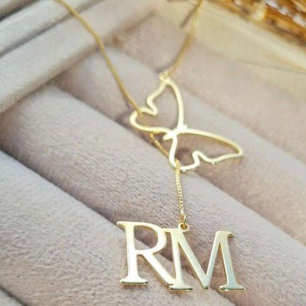 Colar personalizado gravata com nome e pingente borboleta banhado a ouro 18k