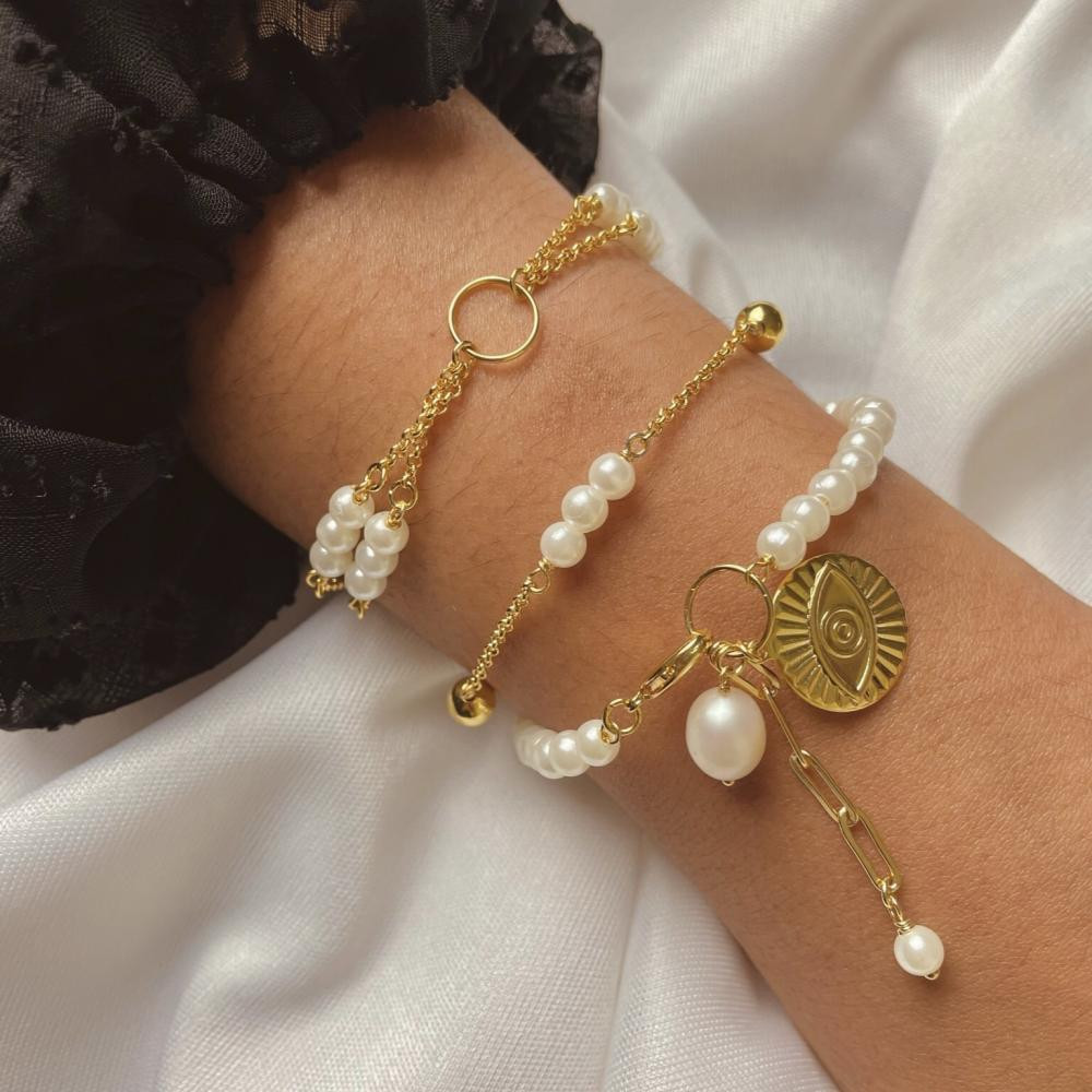 Pulseira com pérola e bolas douradas banhada a ouro 18k 