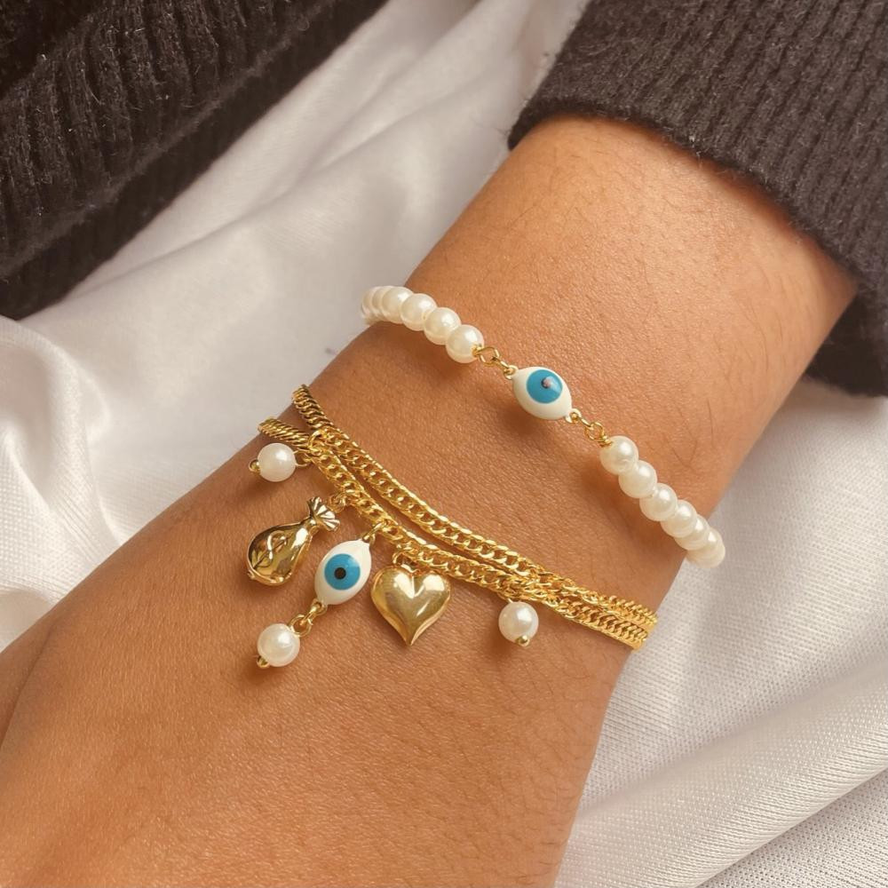 Pulseira com corrente dupla minimalista com pingentes diversos banhada a ouro 18k 