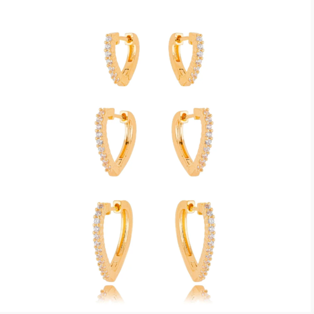 Trio de brinco Mariana em formato de coração cravejado com zircônia banhado no ouro 18k 