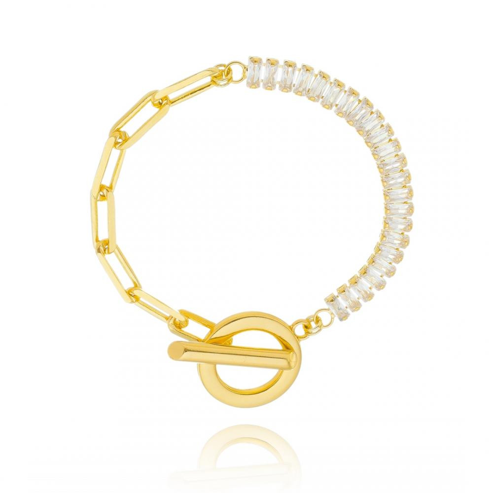 Pulseira Natalia fecho T com corrente retangular e riviera banhado a ouro 18k
