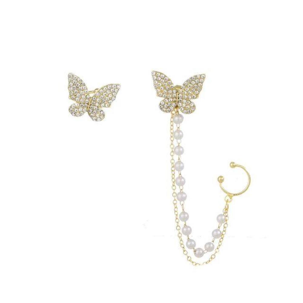 Brinco de borboleta Manuela com corrente dupla e piercing fake banhado no ouro 18k
