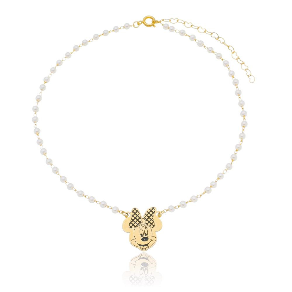 Colar infantil de pérolas da Minnie banhado a ouro 18k 