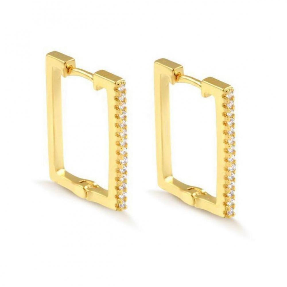Brinco Ana de argola quadrada cravejada banhada no ouro 18k