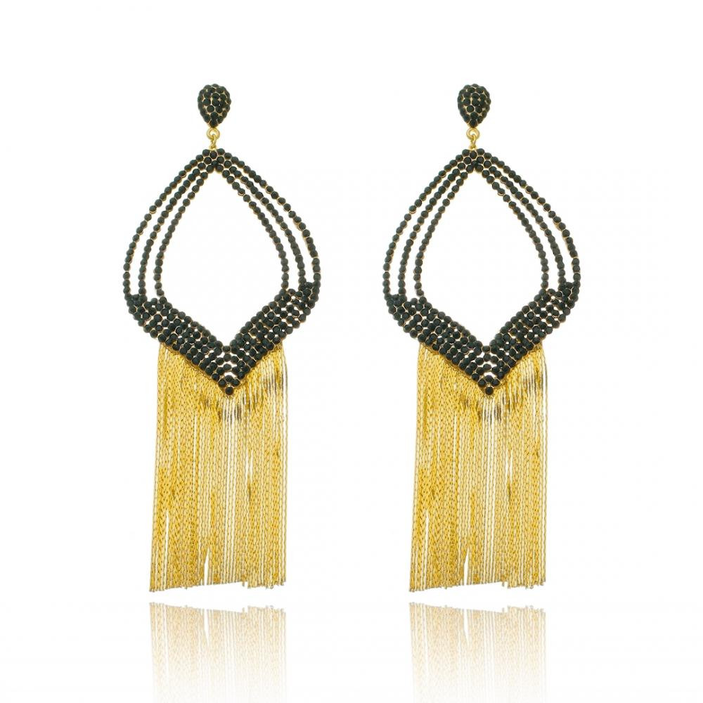 Brinco de strass com franja banhado a ouro 18k 