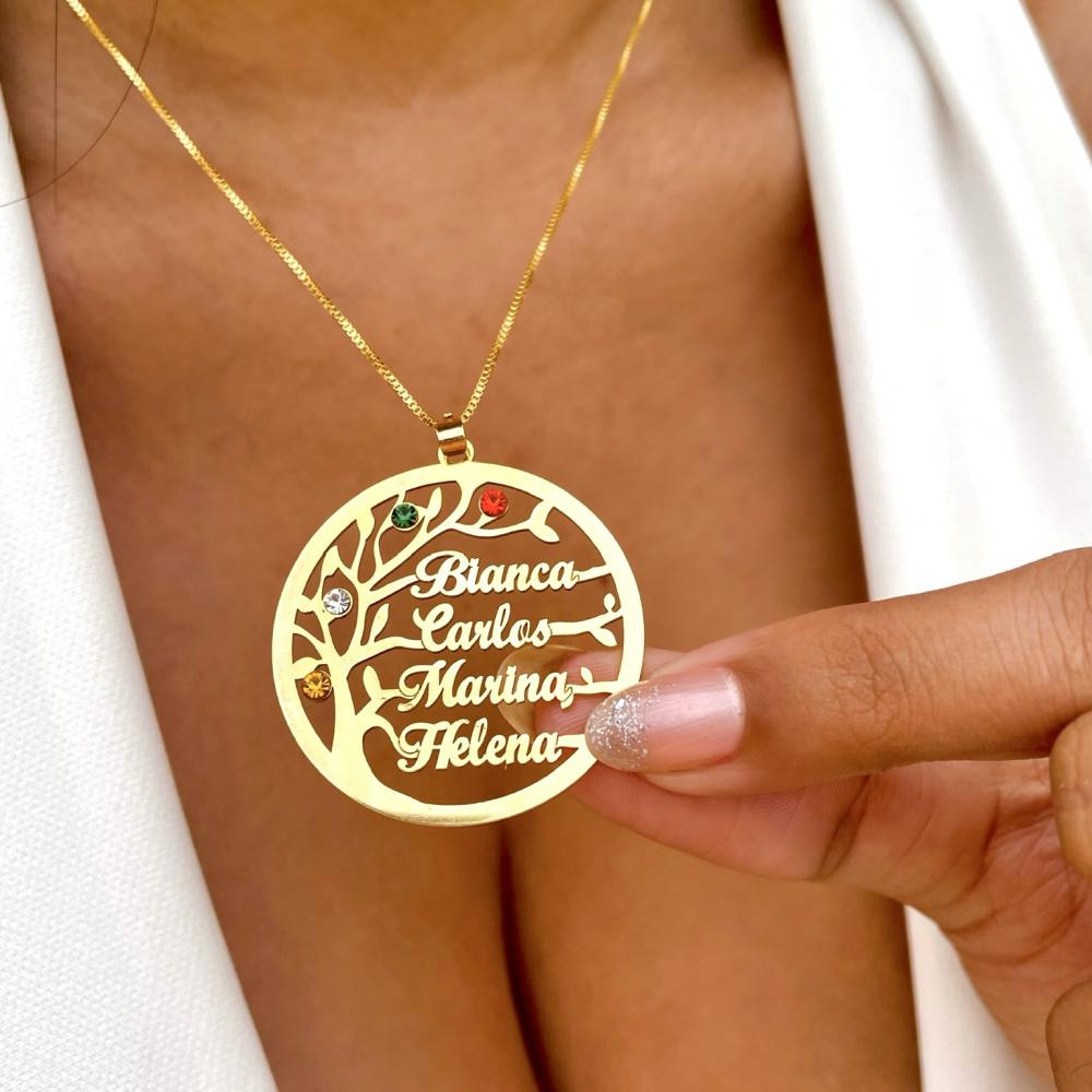 Colar arvore da vida família personalizado com até 6 nomes banhado a ouro 18k