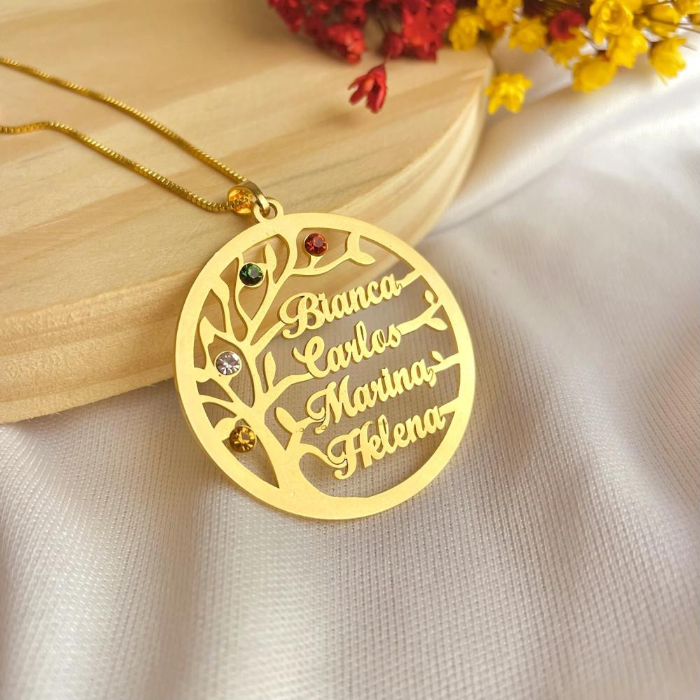 Colar arvore da vida família personalizado com até 6 nomes banhado a ouro 18k