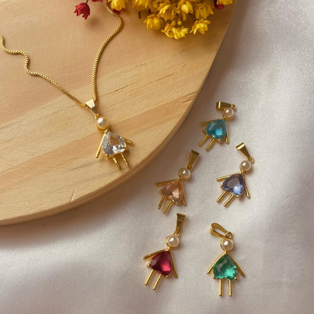 Colar filho com dois pingente em coração e pérola banhado a ouro 18k 