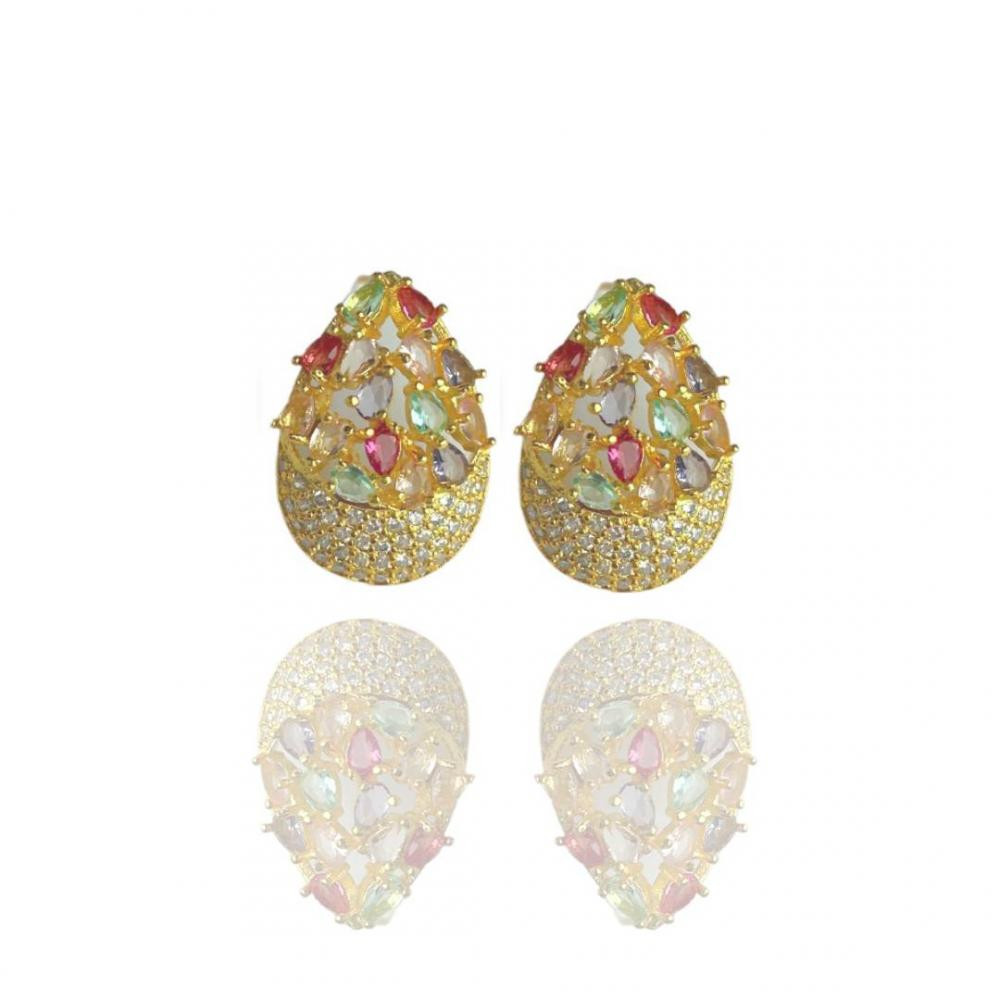 Brinco gota Naomi cravejado com zircônia colorida banhado a ouro 18k