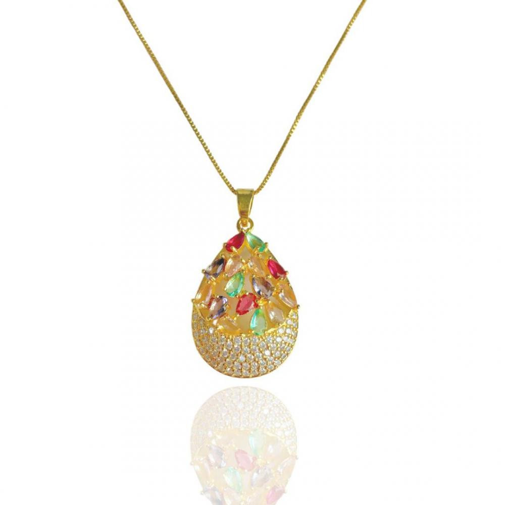 Colar gota Naomi cravejado com zircônia colorida banhado a ouro 18k