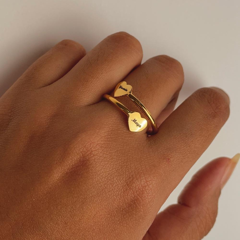 Anel dois amores personalizado banhado a ouro 18k