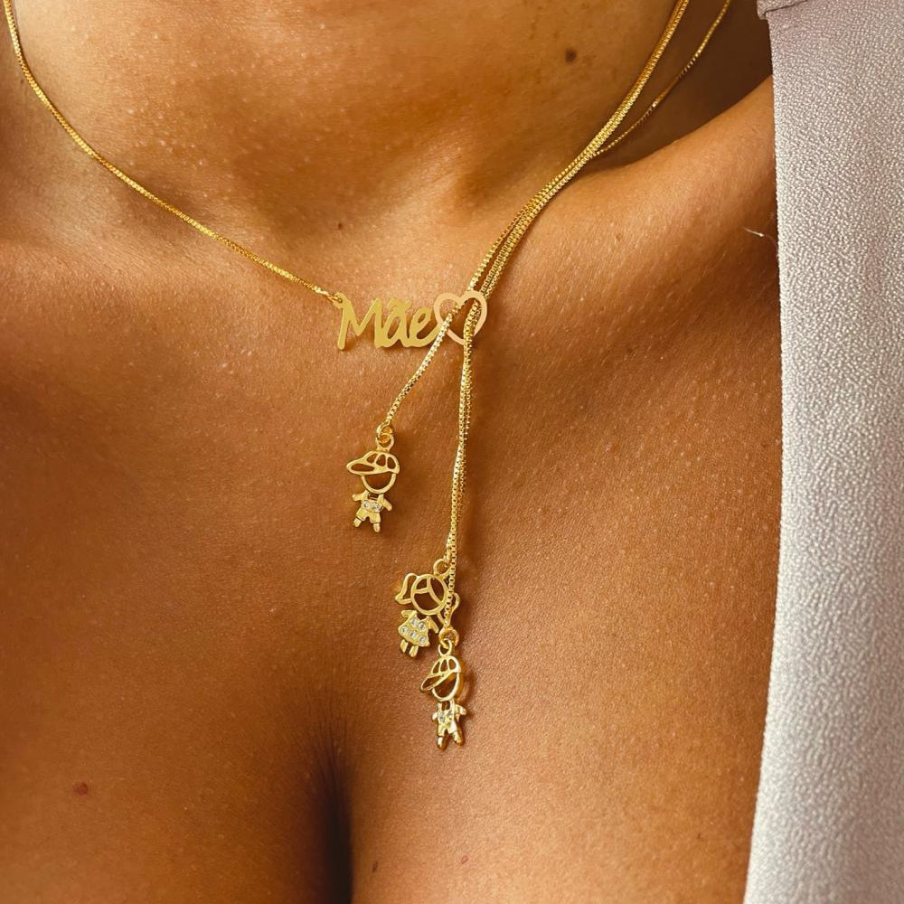 Colar mãe com até 4 pingentes personalizados banhado a ouro 18k