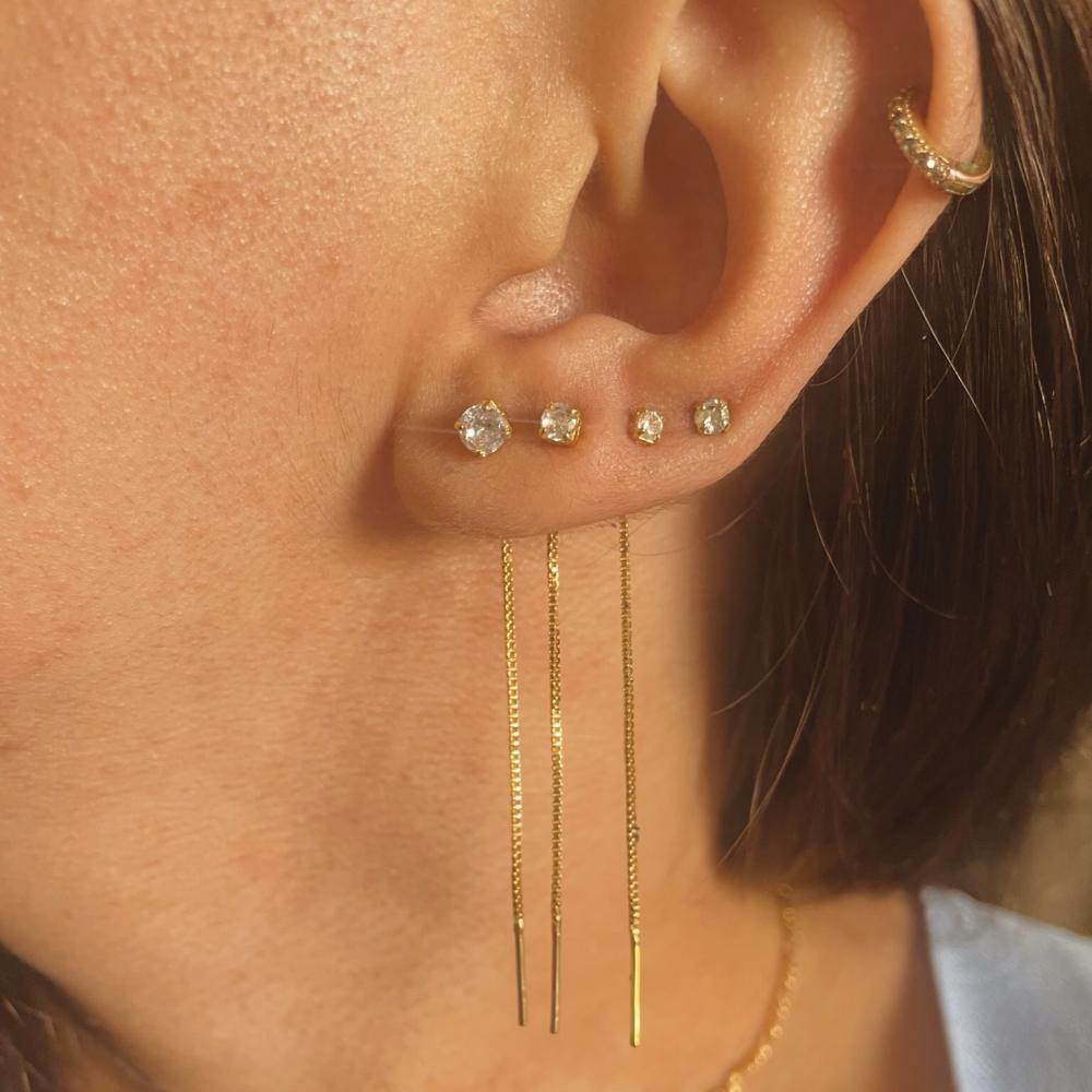 Trio de brinco Raissa fio passante com ponto de luz  banhado a ouro 18k 