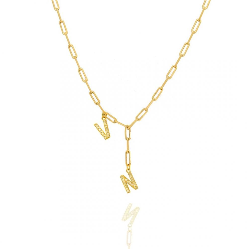 Colar gravata com letras cravejadas personalizado banhado a ouro 18k