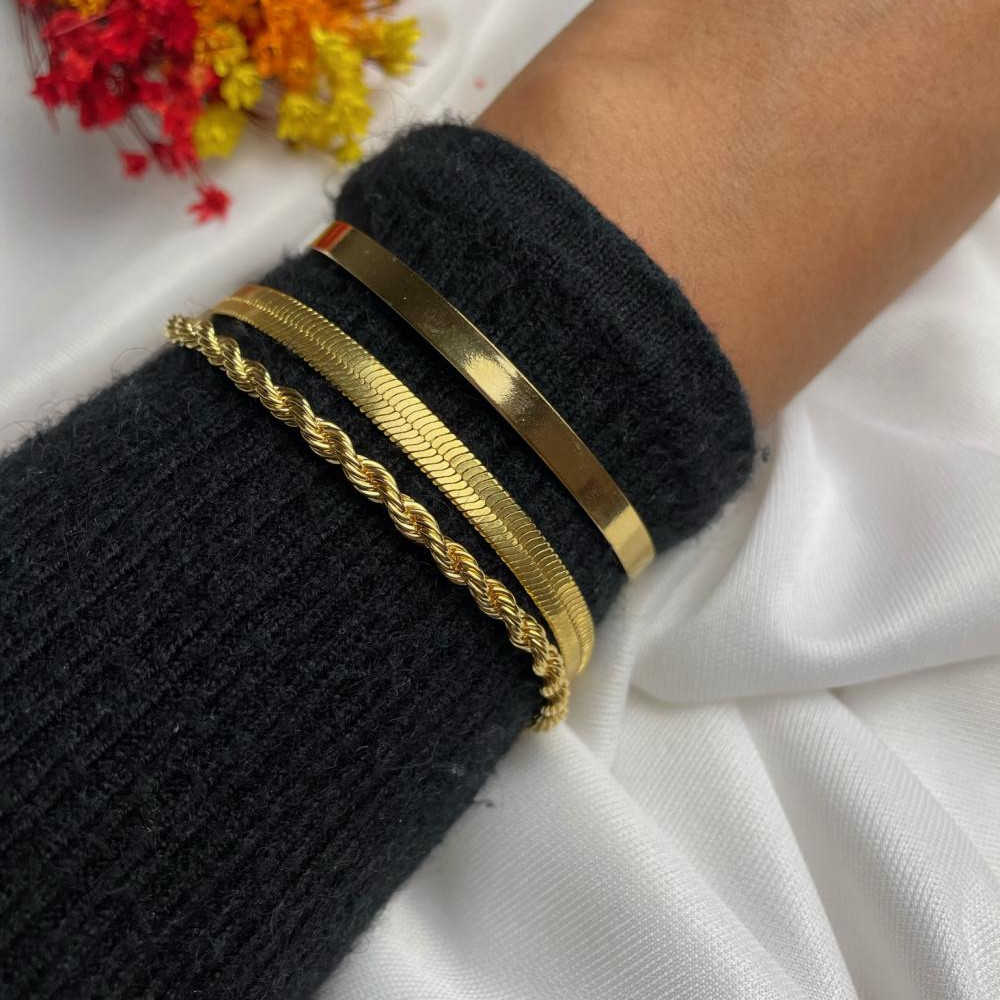Pulseira Maya cabo de aço cordão baiano banhada a ouro 18k
