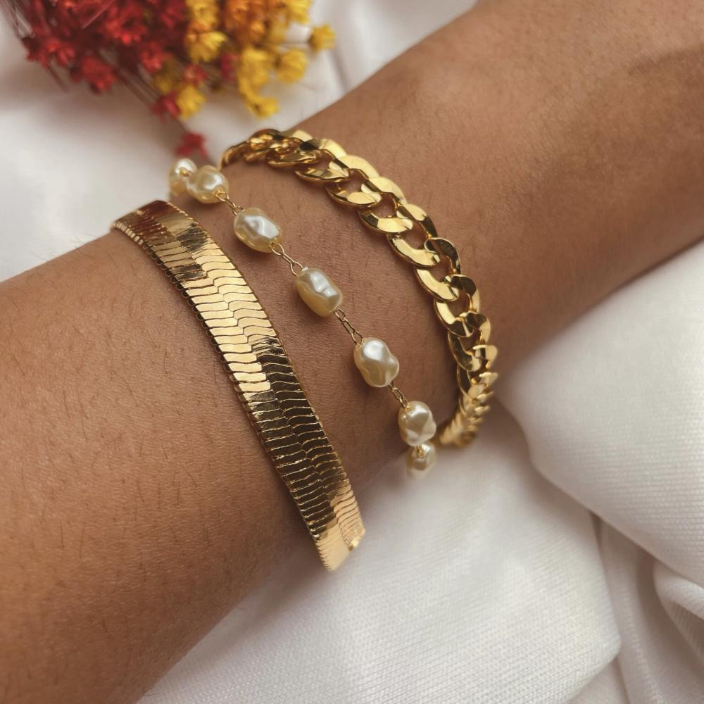 Pulseira Bia de elos diamantados banhada a ouro 18k 