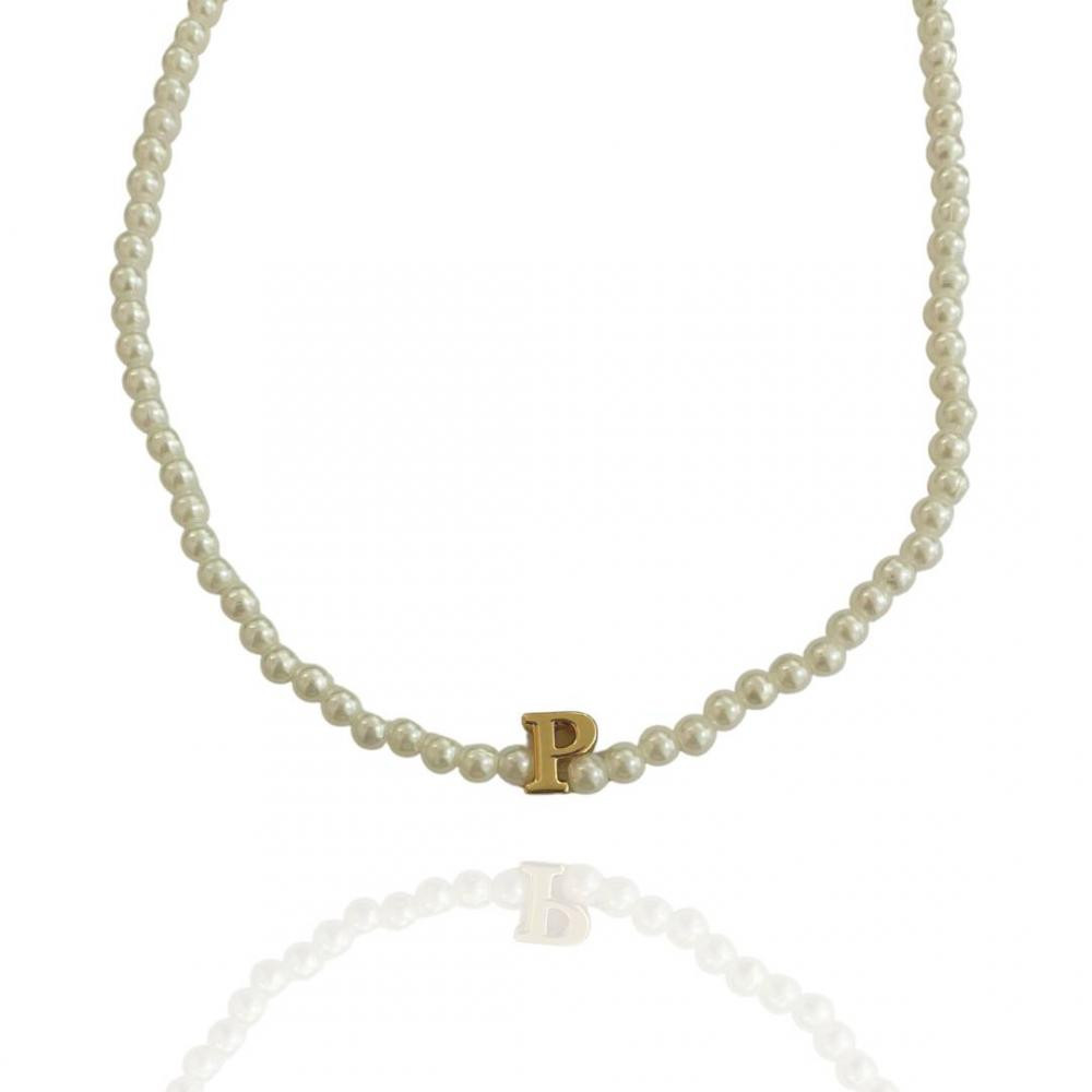 Colar perola com letra personalizada banhado a ouro 18k