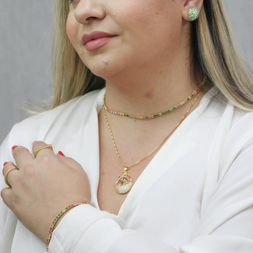Colar gota Naomi cravejado com zircônia colorida banhado a ouro 18k