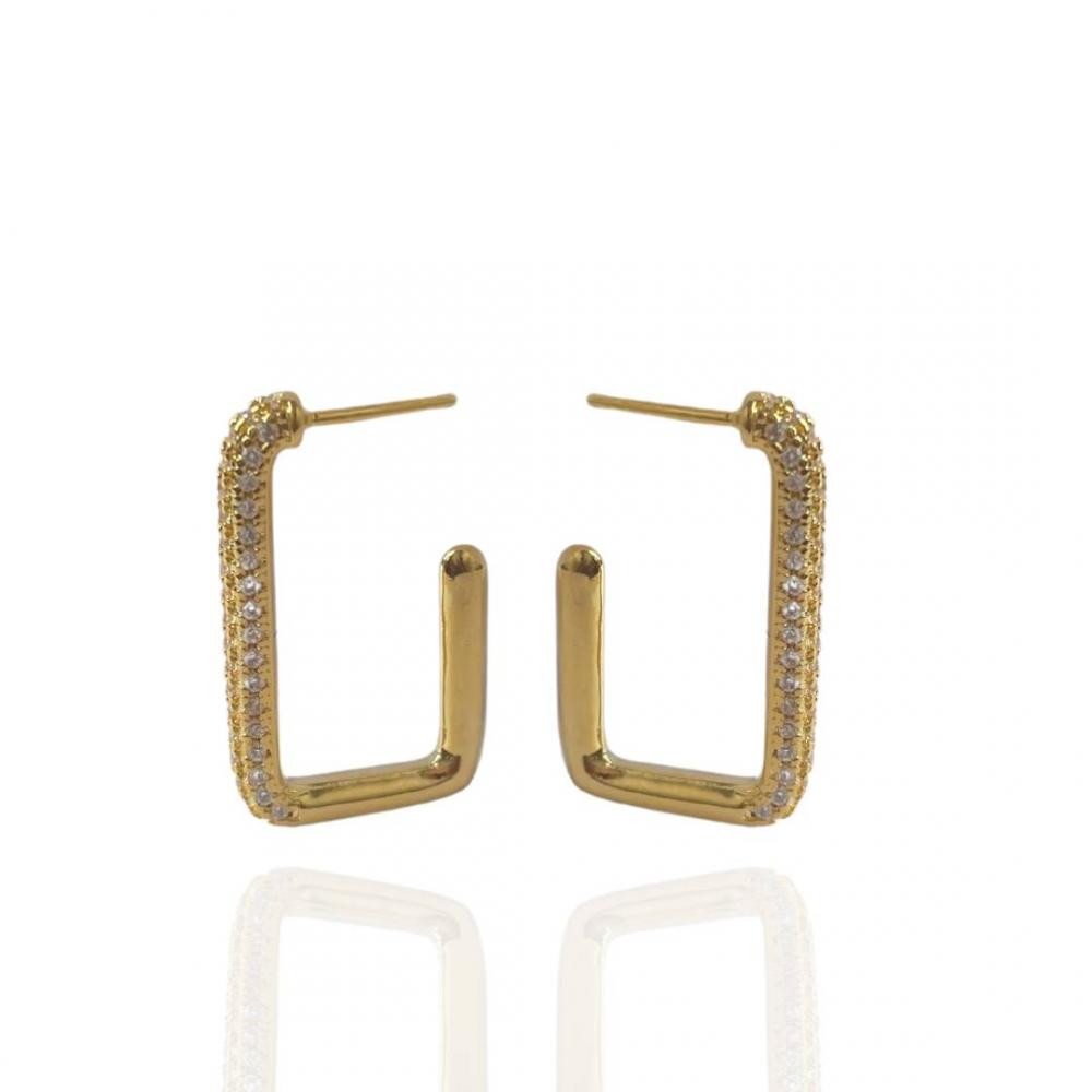 Brinco Olivia argola retangular cravejada banhado a ouro 18k