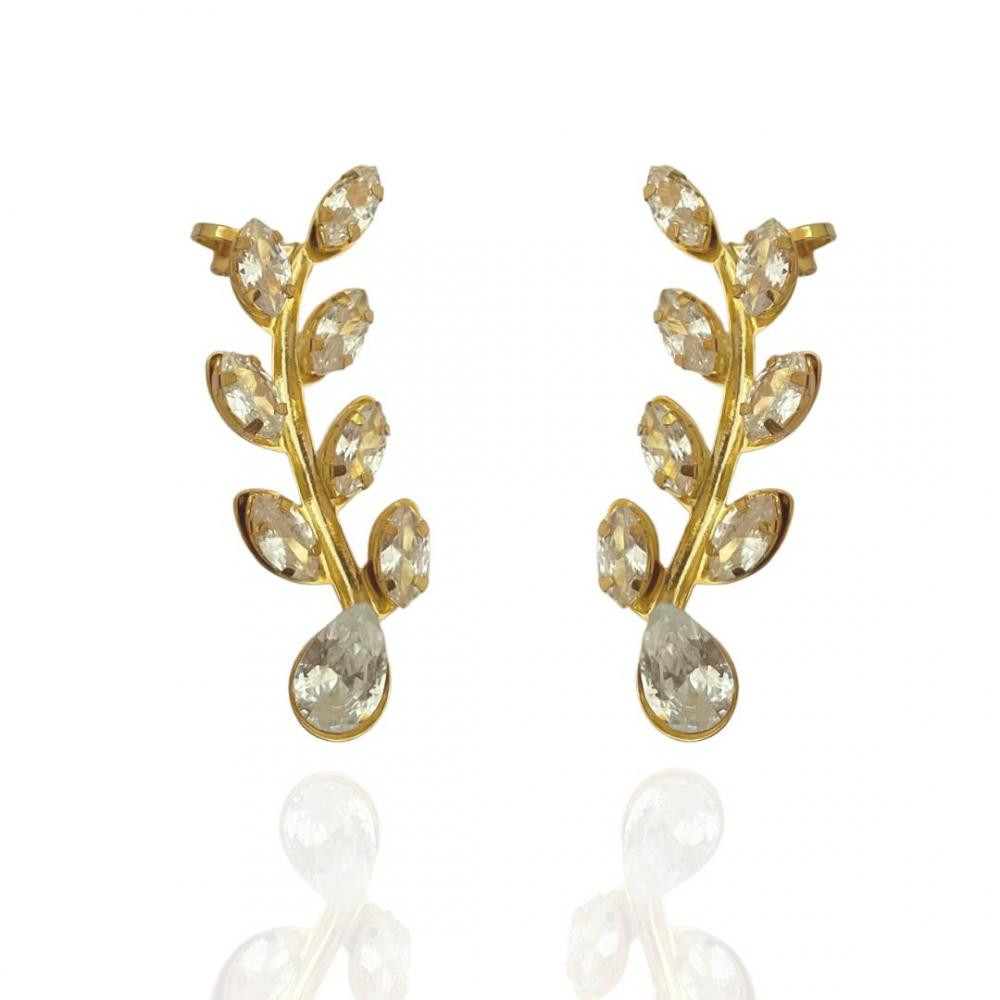 Brinco Gisele earcuff de folha cravejado banhado a ouro 18k 