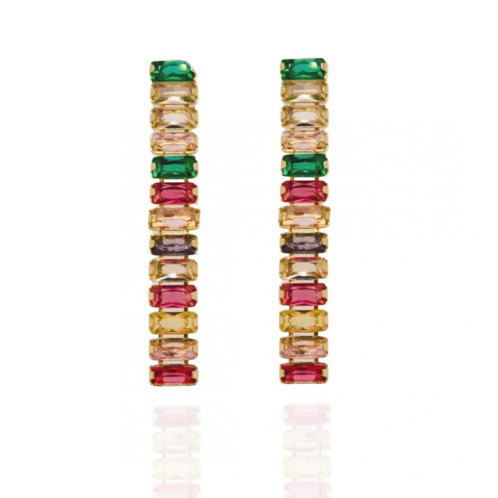 Brinco Karla baguete riviera carre colorido banhada a ouro 18k