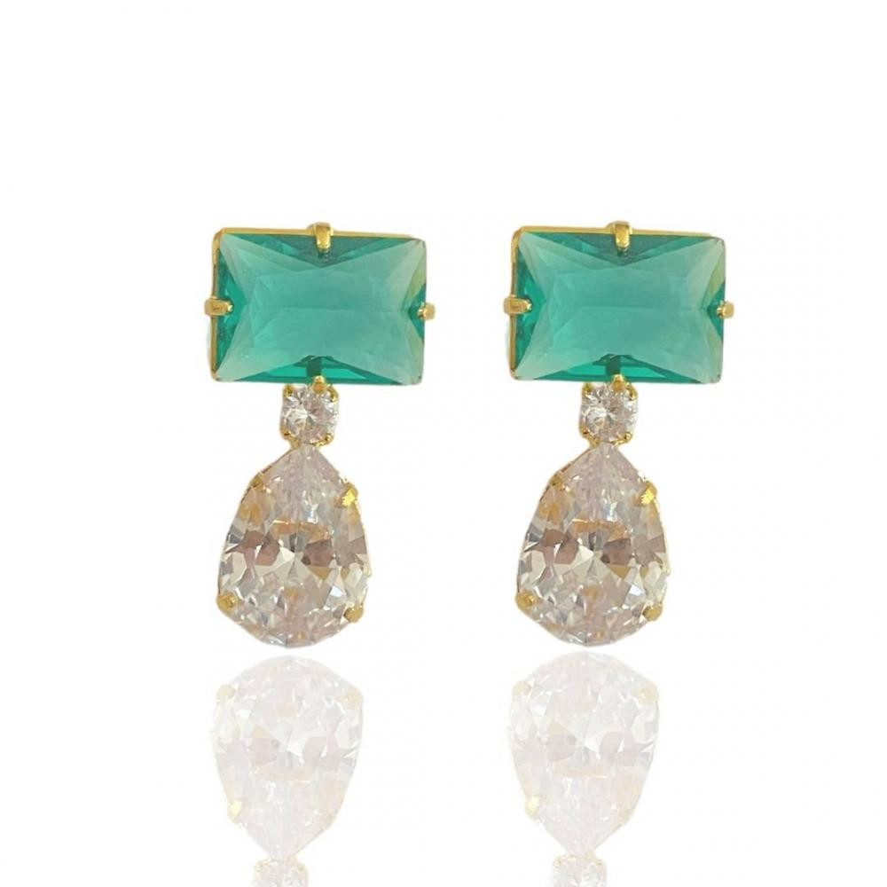 Brinco cravejado com zircônia Jade banhado a ouro 18k   