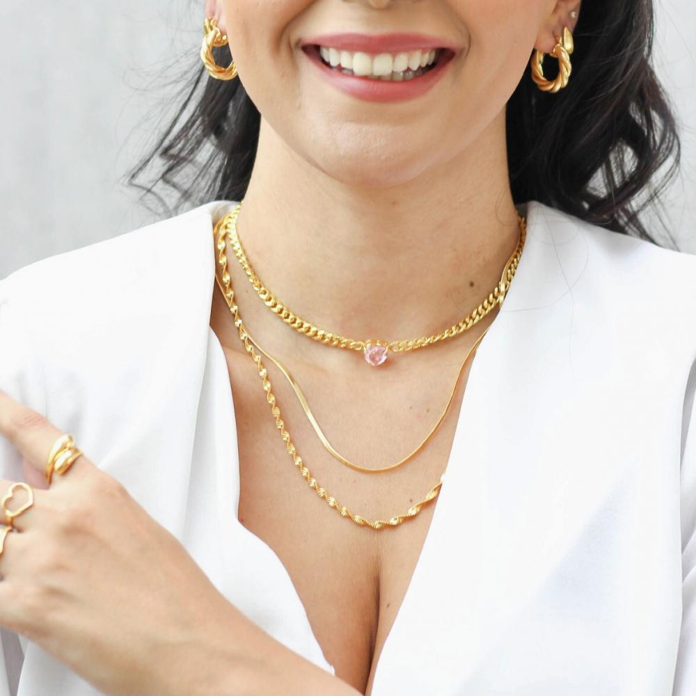 Colar Cecília com corrente cubana banhado a ouro 18k
