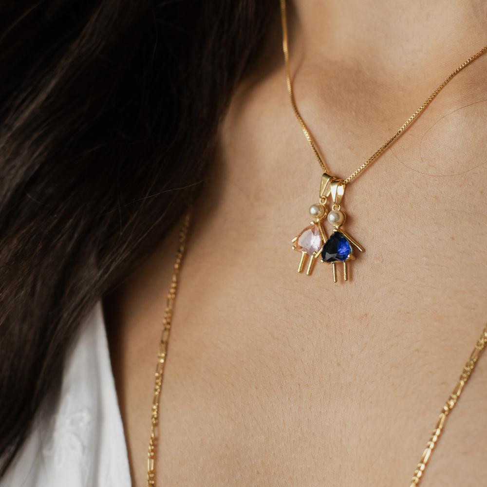 Colar filho com dois pingente em coração e pérola banhado a ouro 18k 