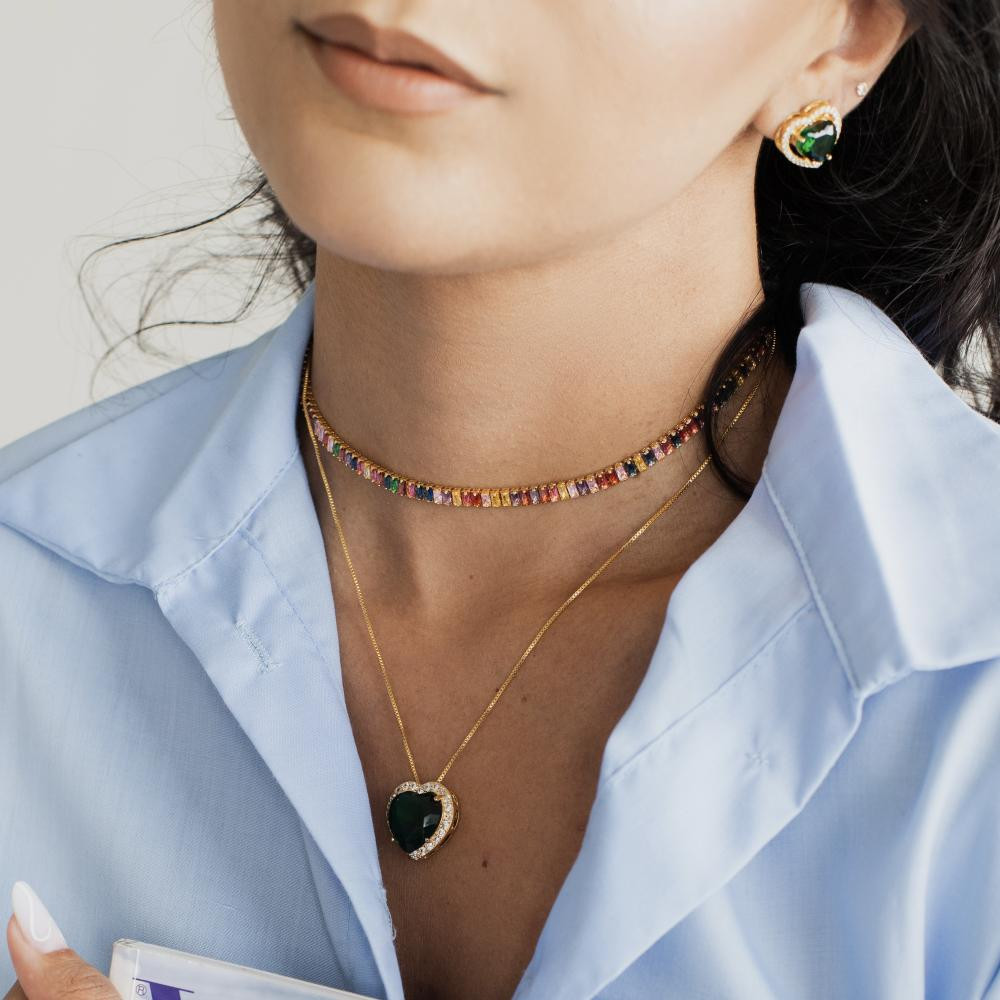 Choker Karla riviera colorida baguete carre banhada a ouro 18k 