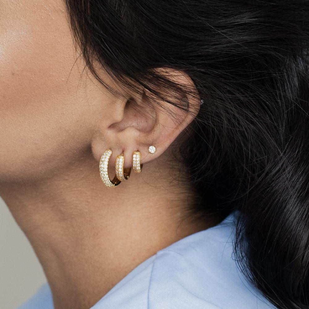 Trio de argola cravejado com zircônia cristal banhado a ouro 18k 