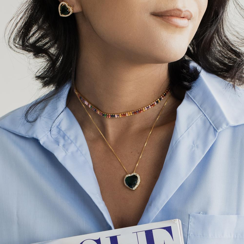Conjunto de coração cravejado com zircônia Helena banhado a ouro 18k 
