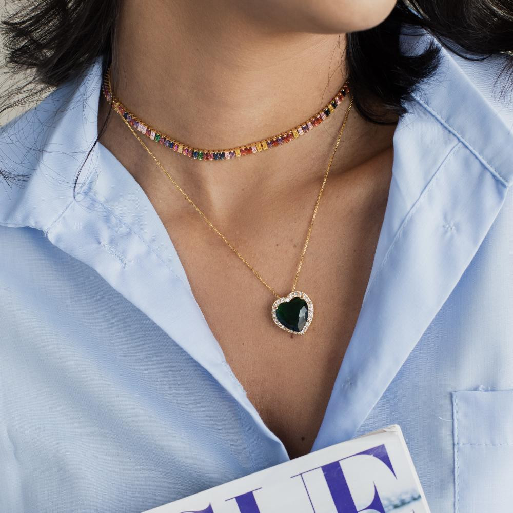 Conjunto de coração cravejado com zircônia Helena banhado a ouro 18k 
