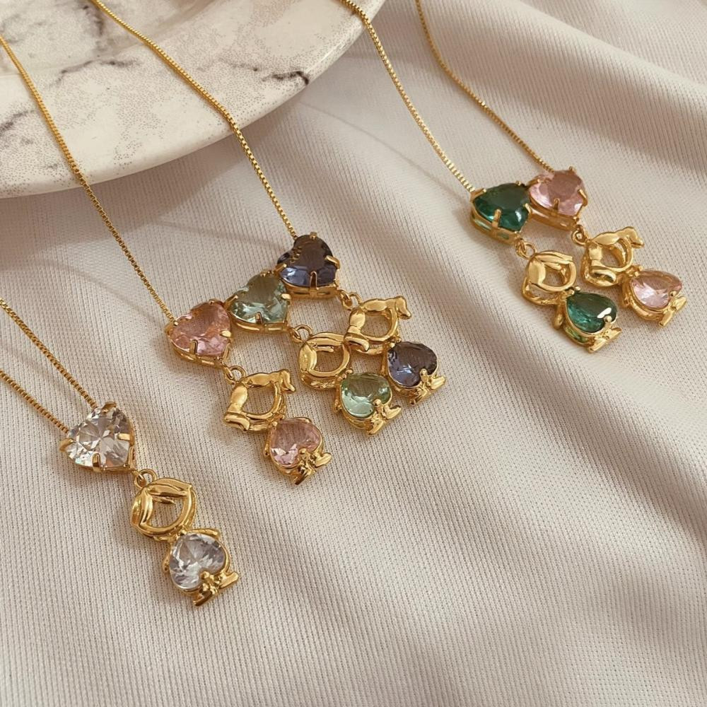 Colar personalizado com dois pingente de coração e filho banhado a ouro 18k