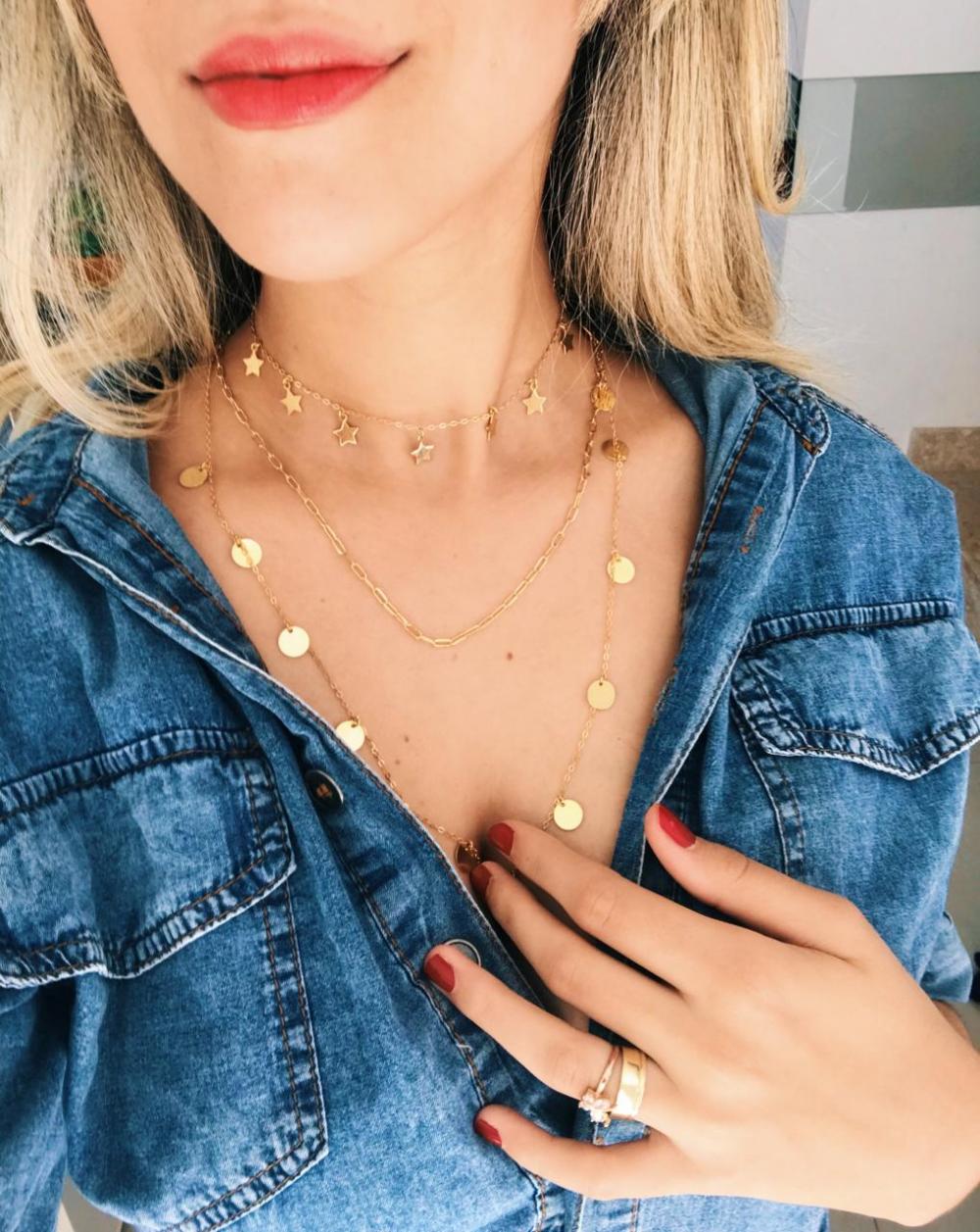 Mix de colar estrelas e moedas folheado a ouro 18k