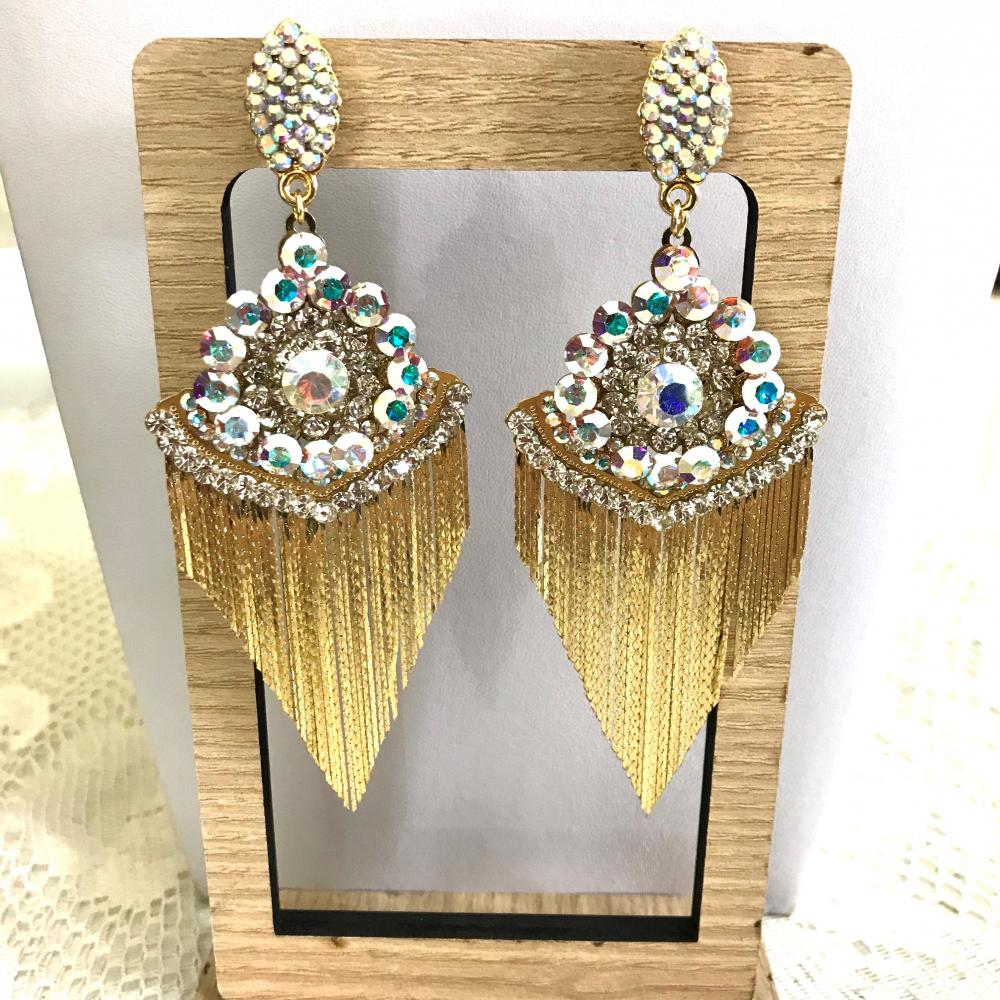 Maxi brinco de strass com franja 