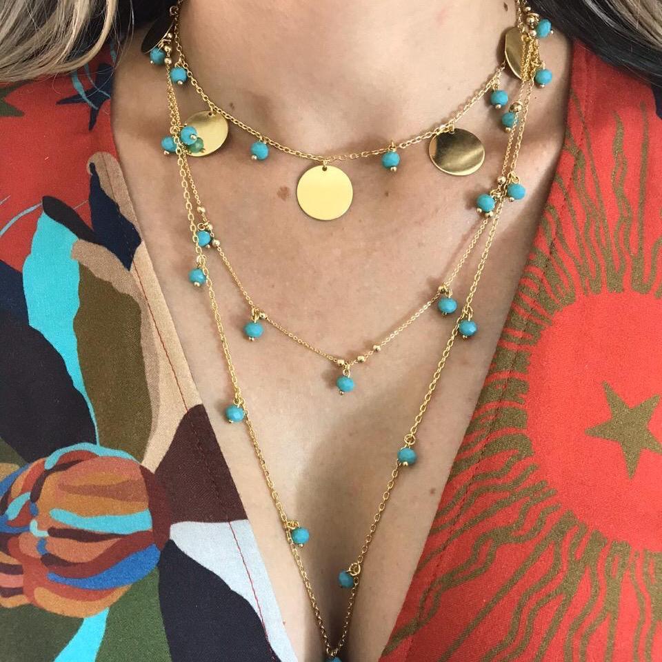 Mix de Colares folheado a ouro 18k com bolinhas turquesa