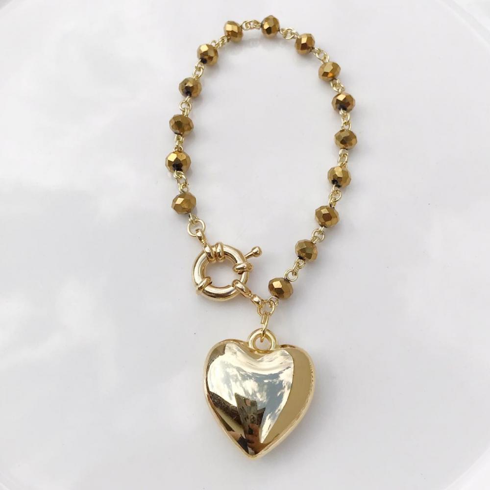 Pulseira de coração com bola de vidro dourada folheado a ouro 18k