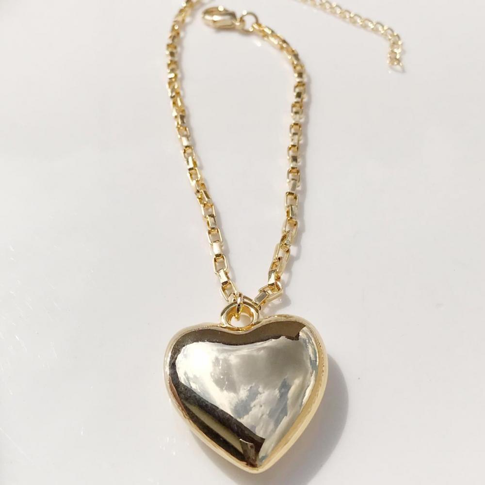 Pulseira coração com corrente cadeado folheada a ouro 18k