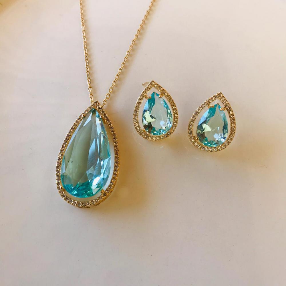 Conjunto colar e brinco com zircônia folheado a ouro 18k