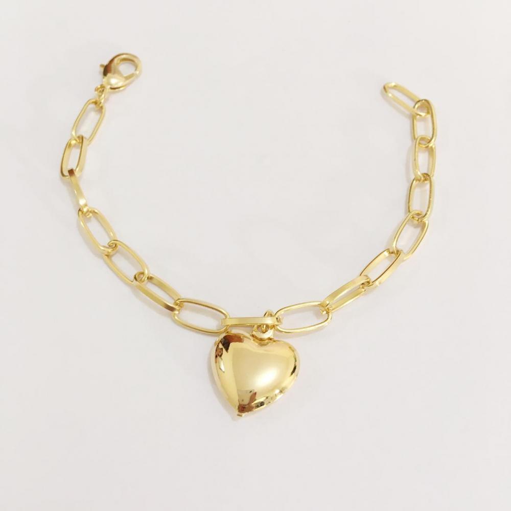 Pulseira elo com pingente de coração infantil folheada a ouro 18k