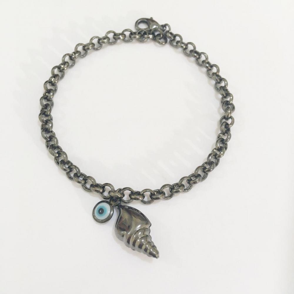 Pulseira elo com olho grego e concha ródio negro
